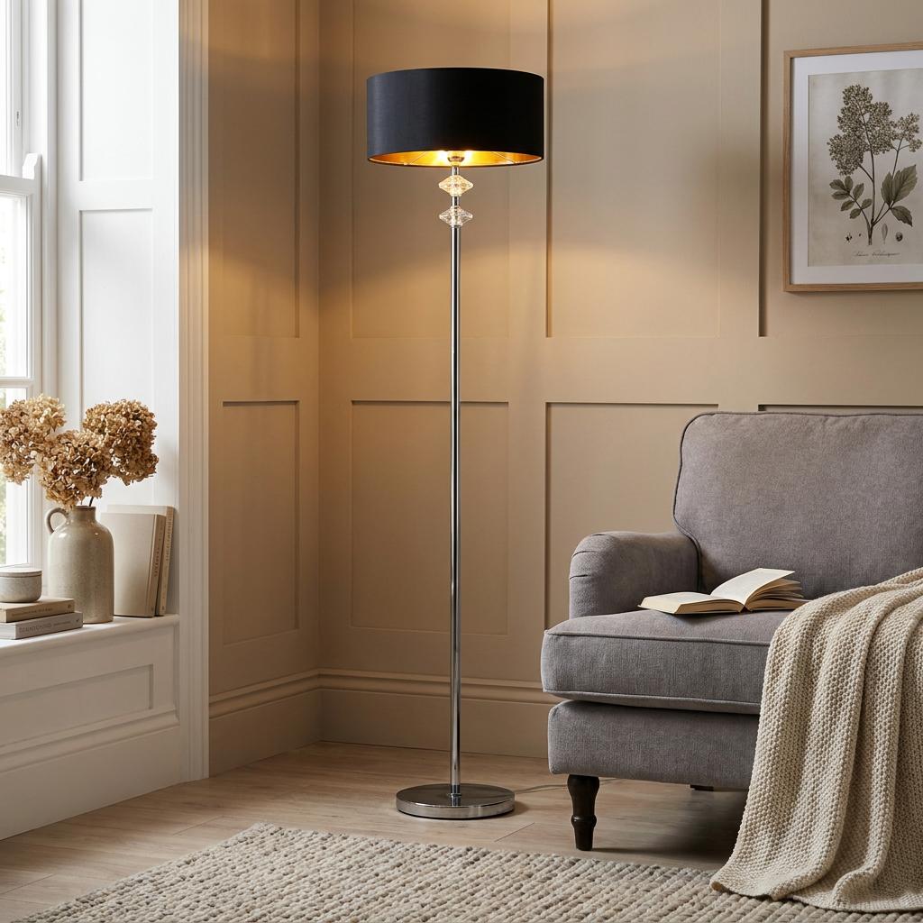 Ontario Chrome Floor Lamp with a black and gold shade and crystal details next to a grey armchair in a living room.