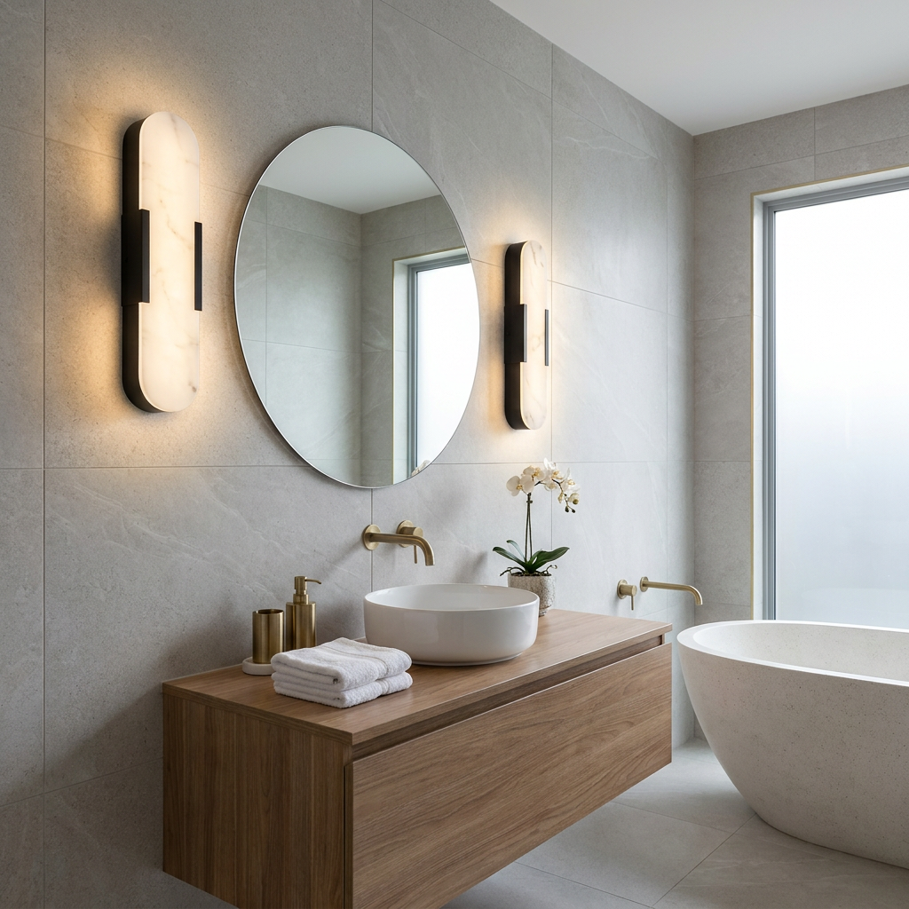 Two backlit oval black LED wall lights flank a round mirror in a modern bathroom above a wood vanity.