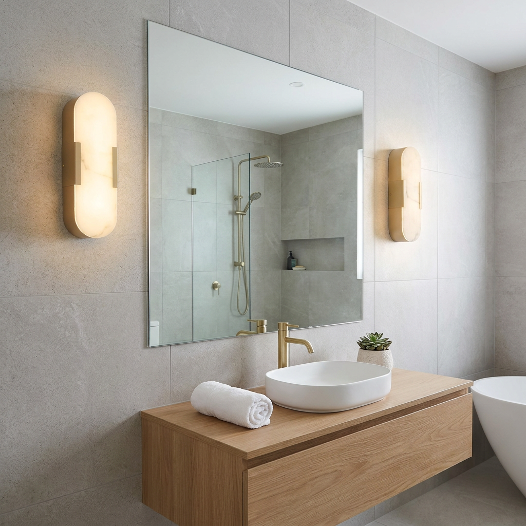 Two glowing oval wall lights flank a large bathroom mirror above a wooden vanity with a white basin.