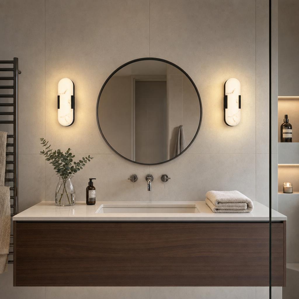 Two oval marble resin wall lights with black metal frames flanking a round bathroom mirror over a wooden vanity.