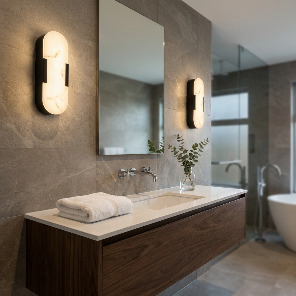 Two oval marble resin LED wall lights with matt black frames mounted on a grey tiled bathroom wall beside a mirror.