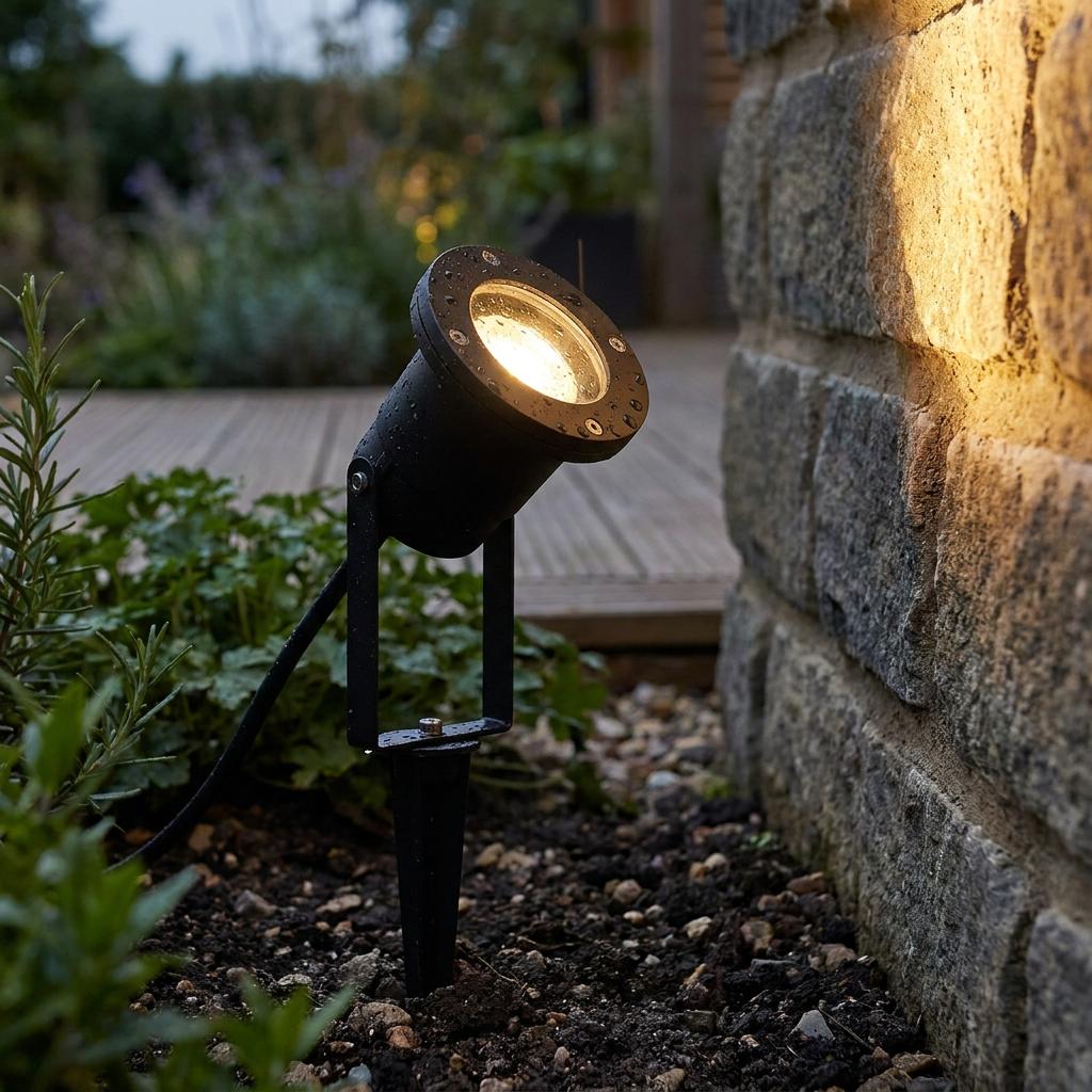 Black garden spike light illuminating a stone wall in a garden flower bed.