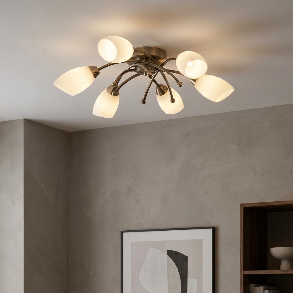 Opera 6-light brass flush ceiling light with opal glass shades illuminated against a neutral ceiling in a modern room.