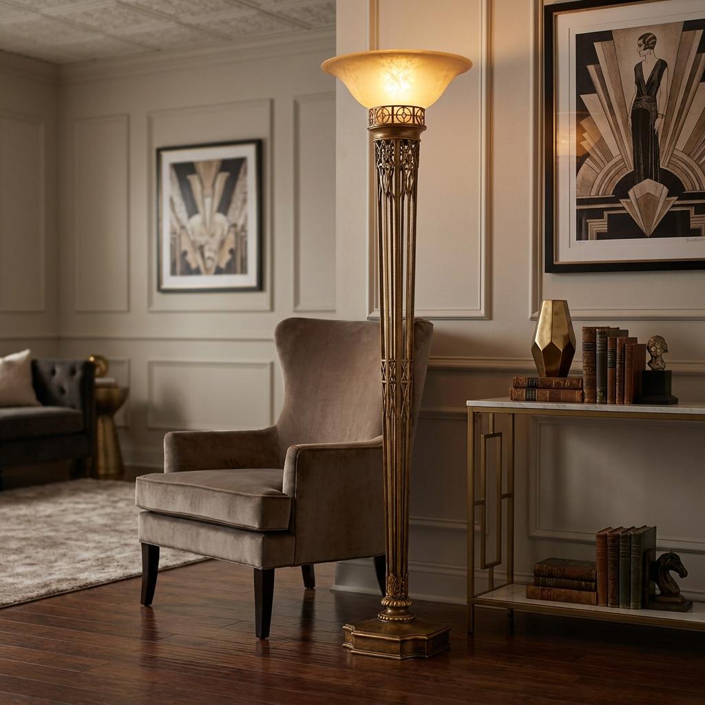 Art Deco gold torchiere floor lamp with a frosted glass bowl shade in an elegant living room setting.