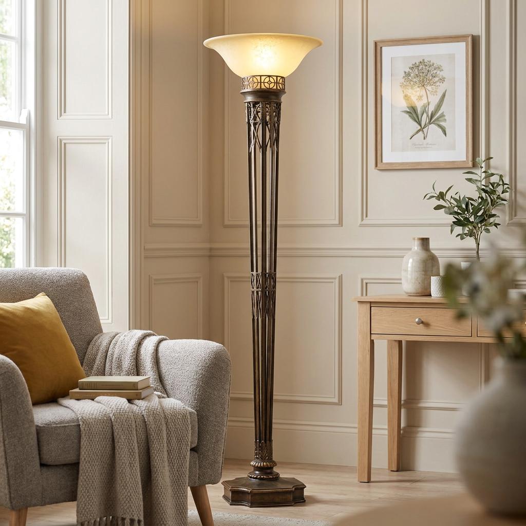 Ornate gold torchiere floor lamp with a frosted glass bowl shade standing in a classically decorated living room.