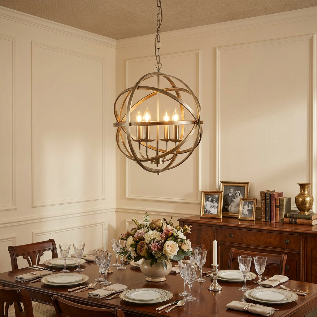 Brass orb chandelier with four candle lights hanging over a formal dining table with a floral centerpiece.