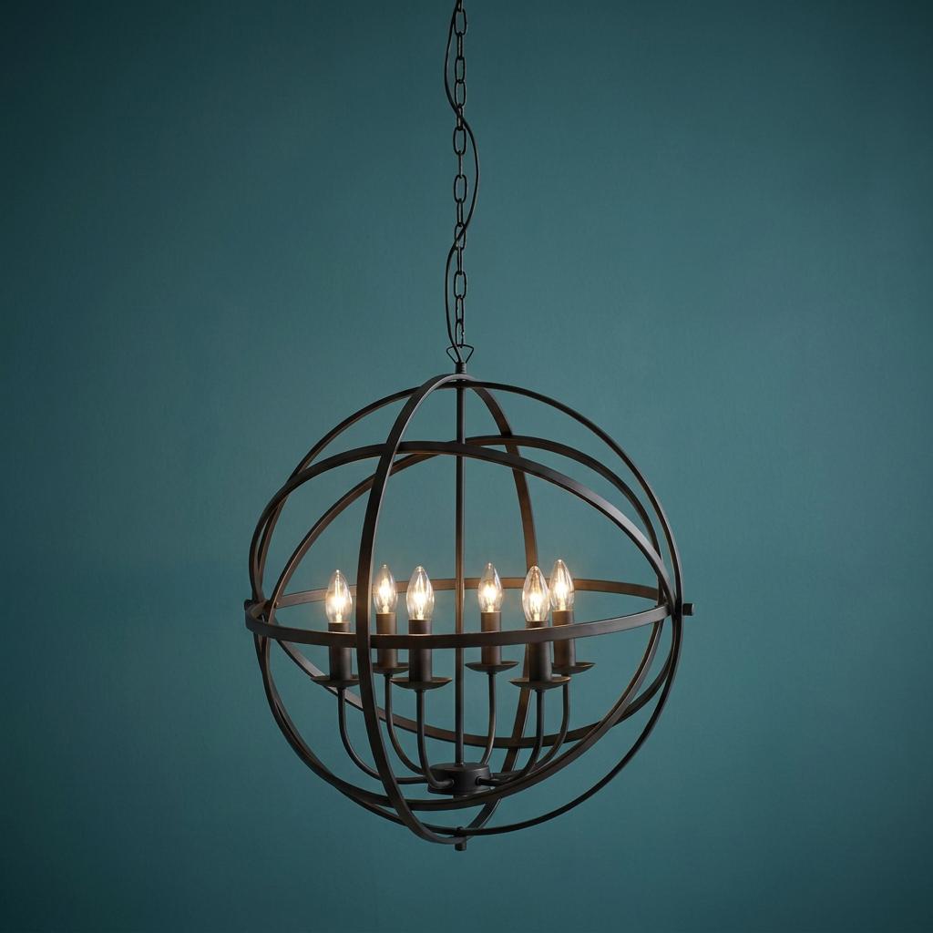 Black six-light orb cage pendant with glowing candle-style bulbs against a teal background.