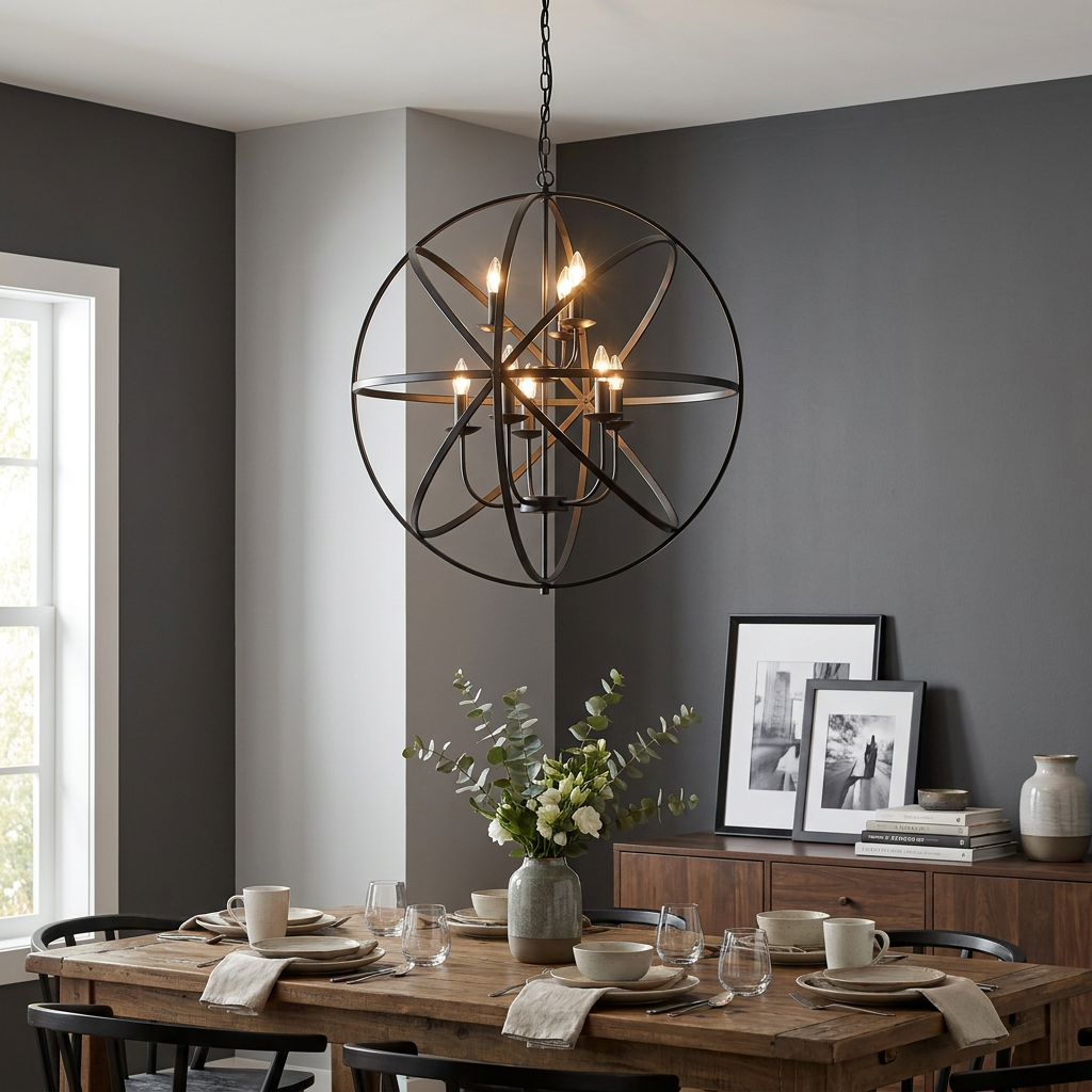A matte black spherical cage chandelier hanging over a wooden dining table set for a meal.