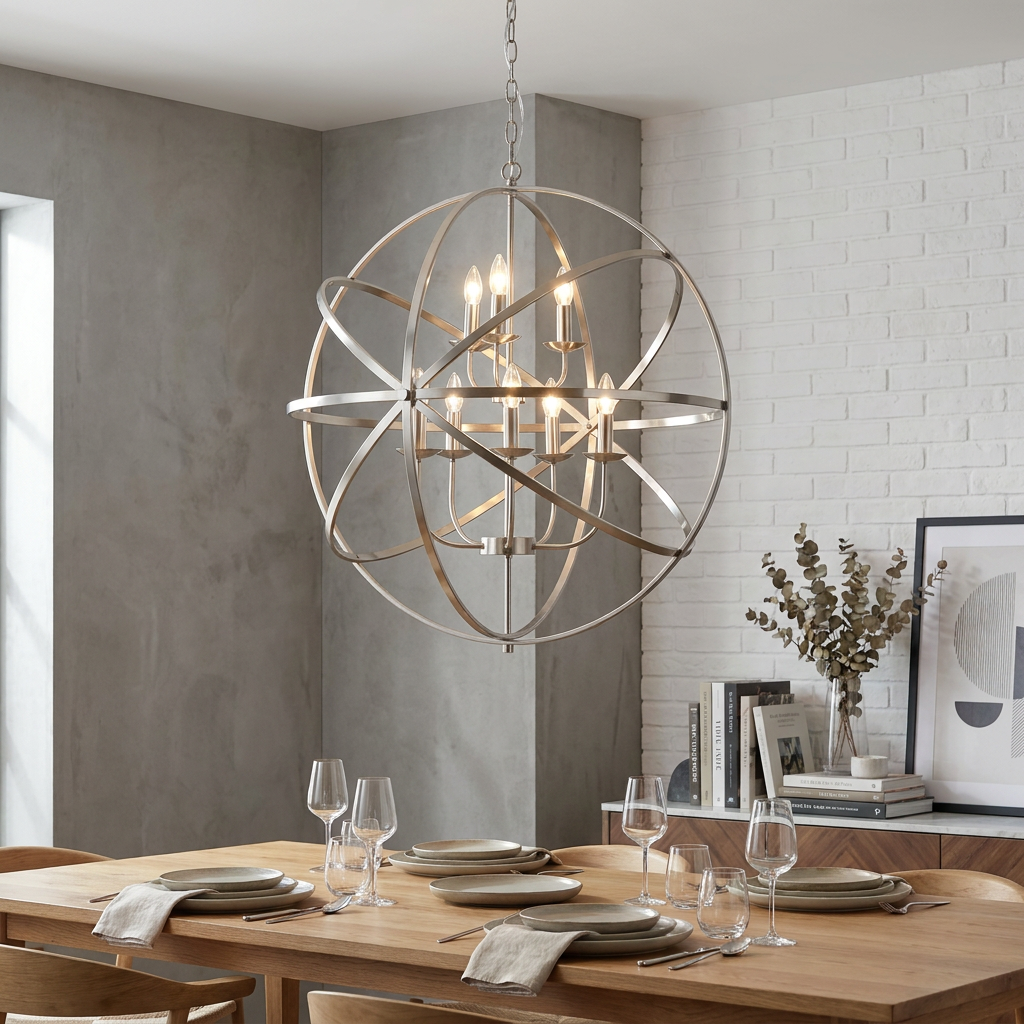 Satin silver orbital chandelier hangs above a set dining table in a modern room with grey and white brick walls.