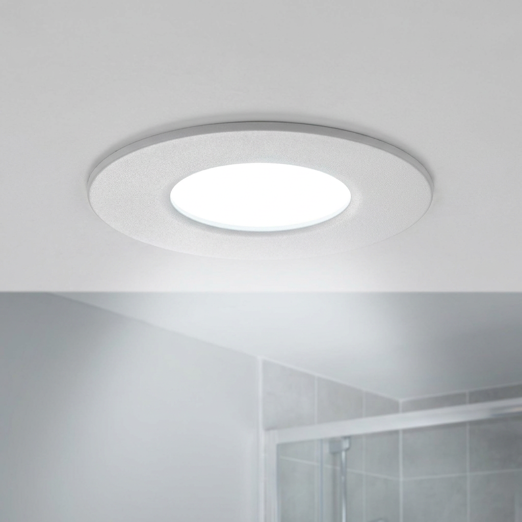 Circular matt white recessed ceiling downlight glowing on a white bathroom ceiling.