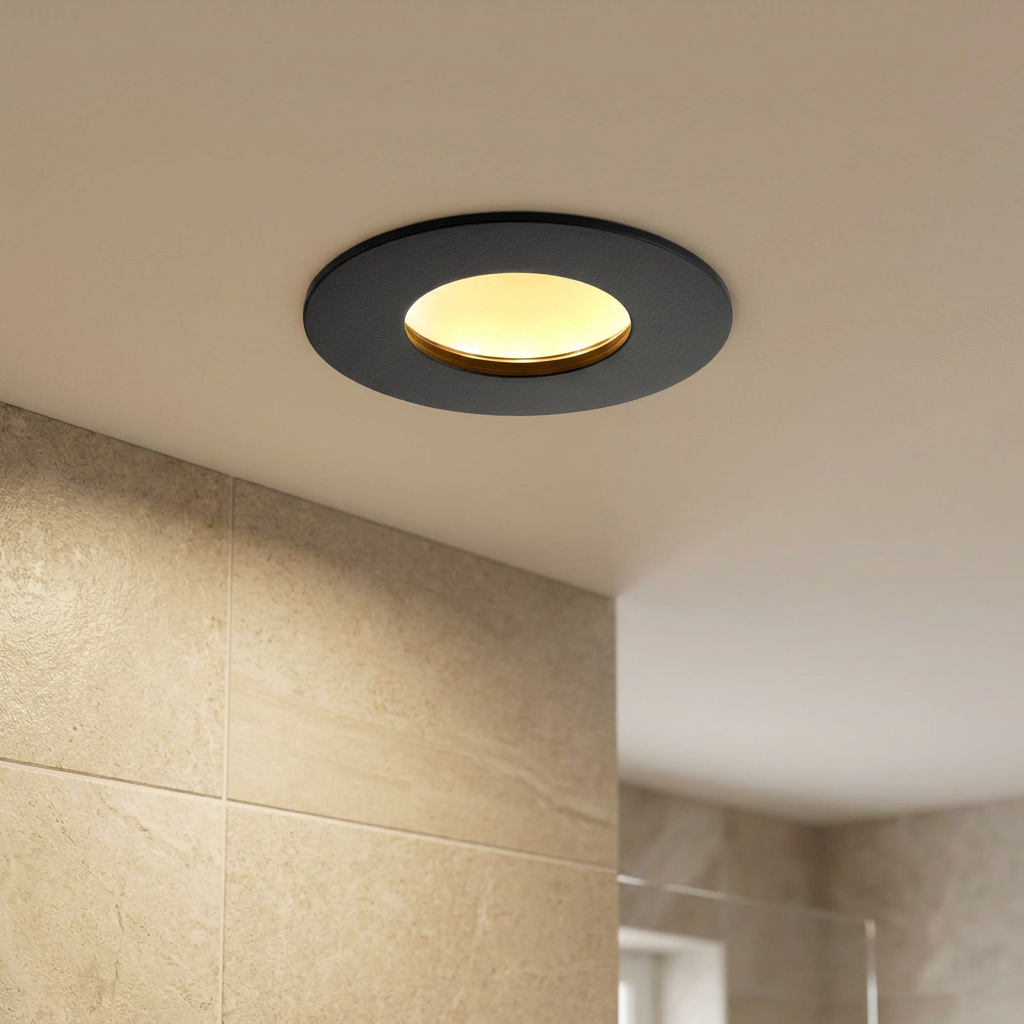 Black recessed ceiling light with a warm glow installed in a white ceiling above beige bathroom tiles.