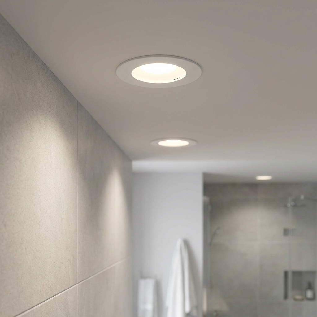 Circular white recessed bathroom downlight illuminating a modern interior ceiling near grey tiled walls.