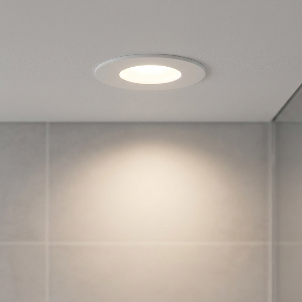 Round white recessed ceiling downlight casting a warm glow onto a grey tiled bathroom wall.