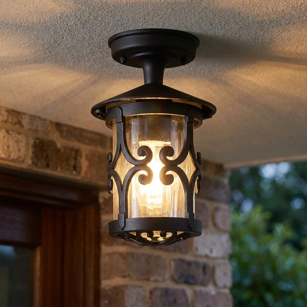 Ornate black outdoor flush mount ceiling light with decorative scrollwork and clear glass cylinder lit on a porch.