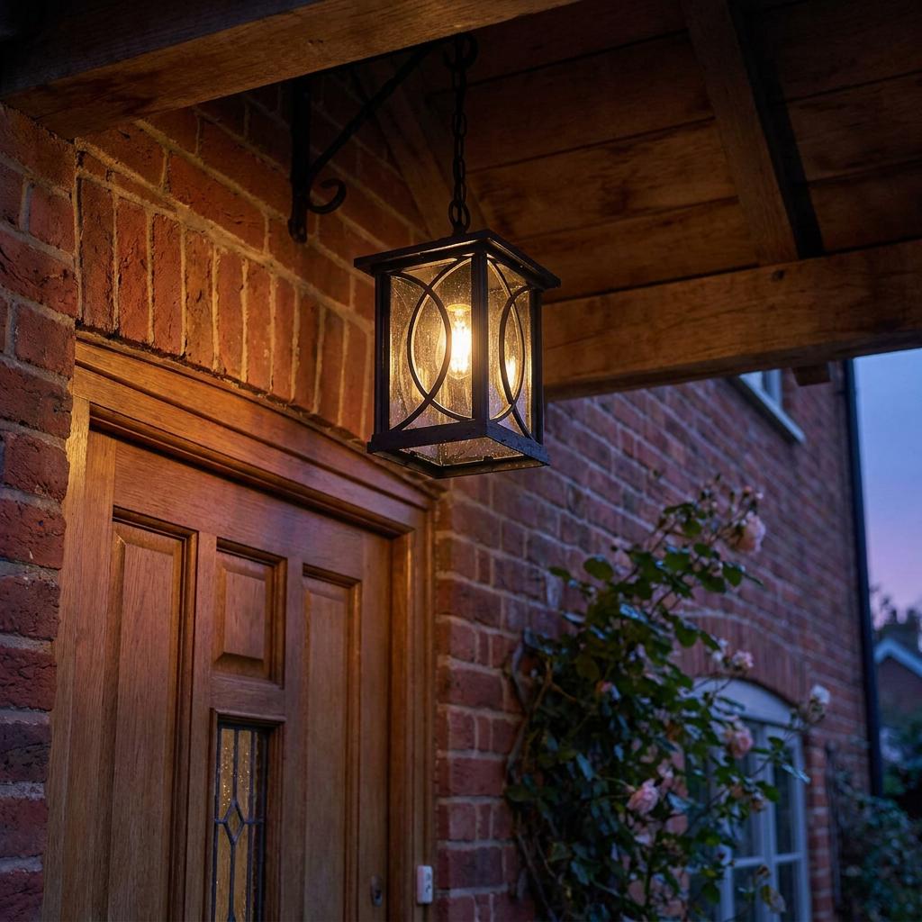 Lit black lantern pendant with bubble glass hanging from a wooden porch roof beside a brick home's front door.