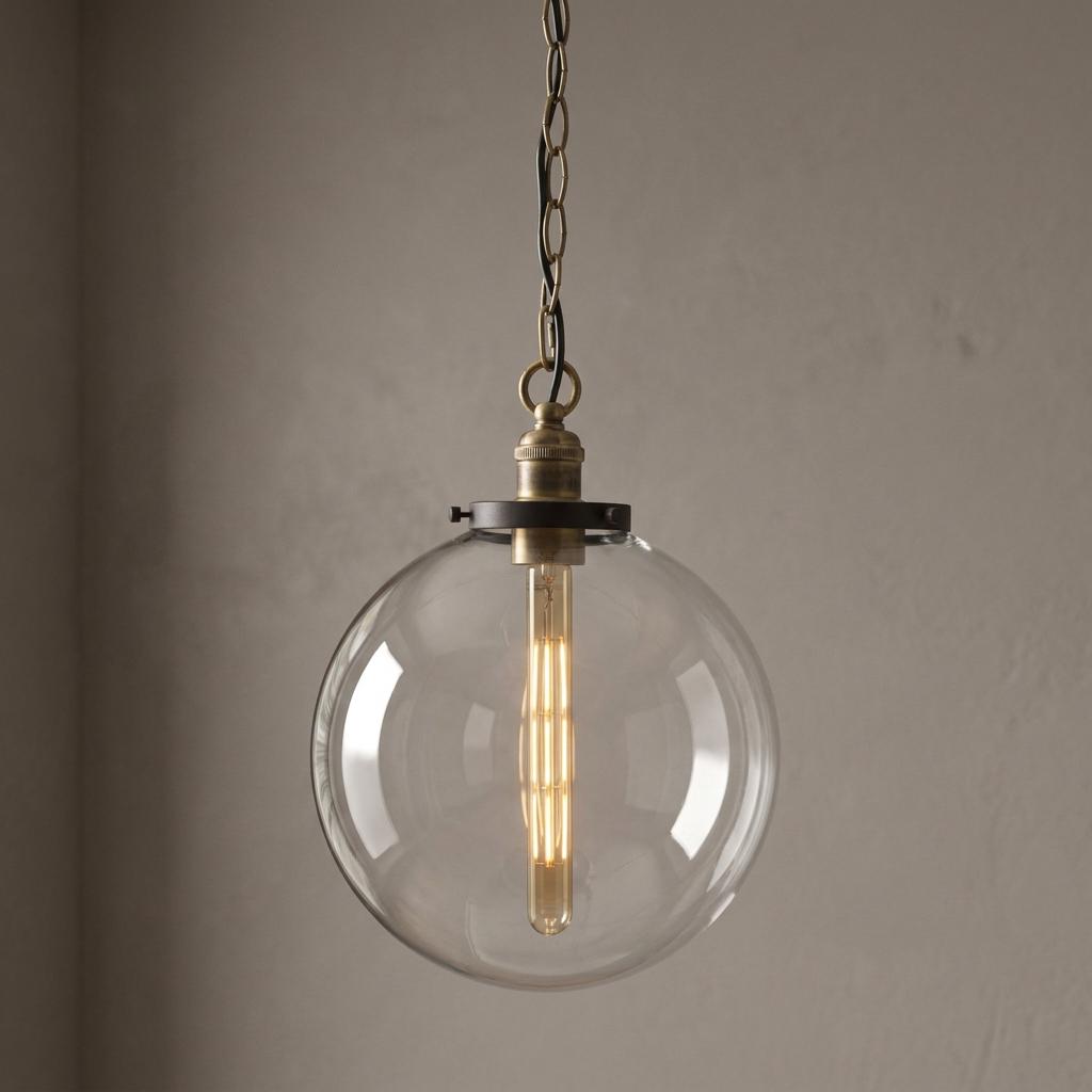Clear glass globe pendant light with black and brushed gold accents and a glowing Edison filament bulb.