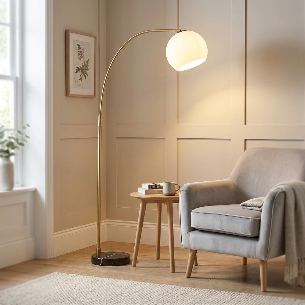 Otto Modern Matt Brass Arc Floor Lamp with a white globe shade next to a grey armchair in a neutral living room.