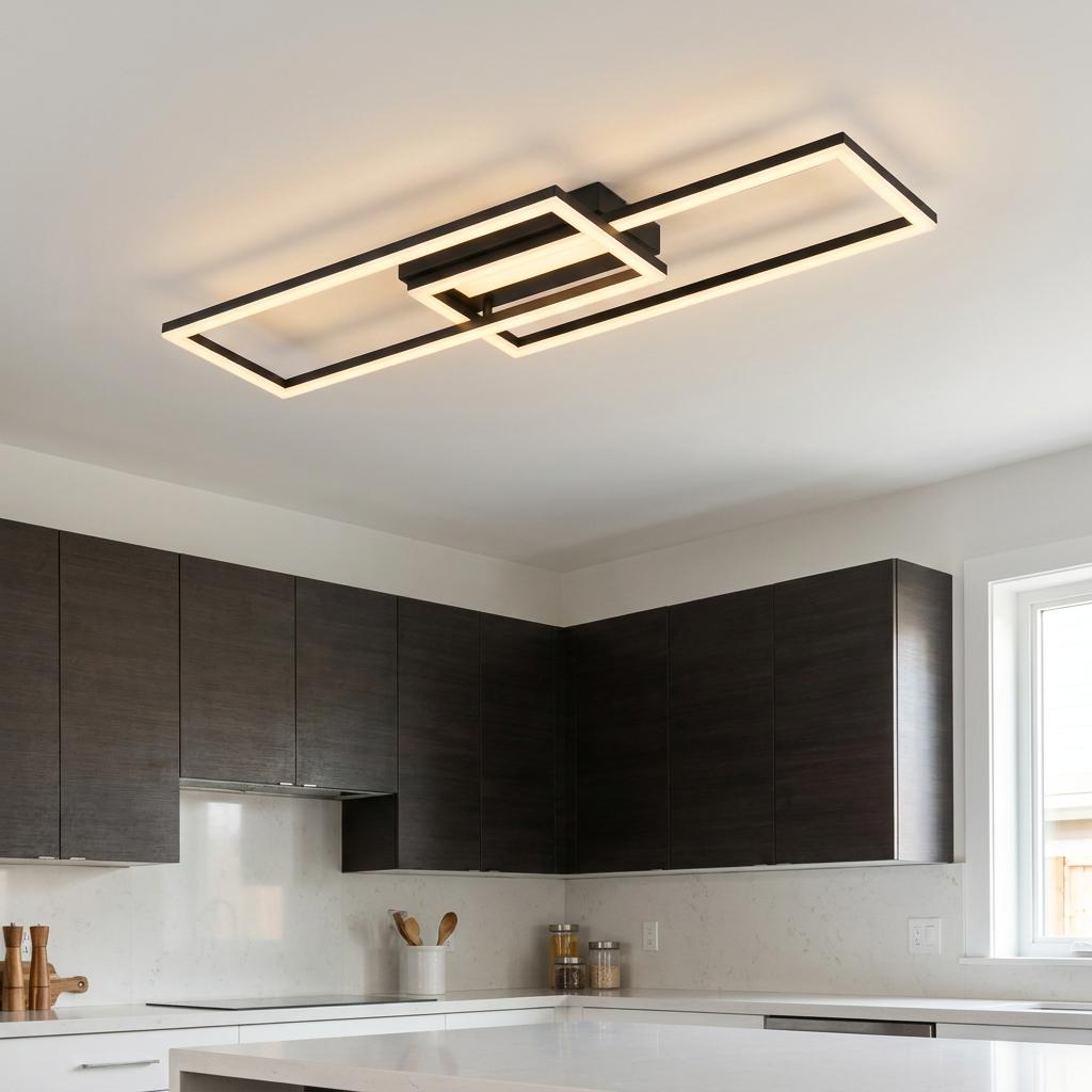 Modern matt black flush ceiling light with overlapping rectangular LED panels in a kitchen with dark wood cabinets.