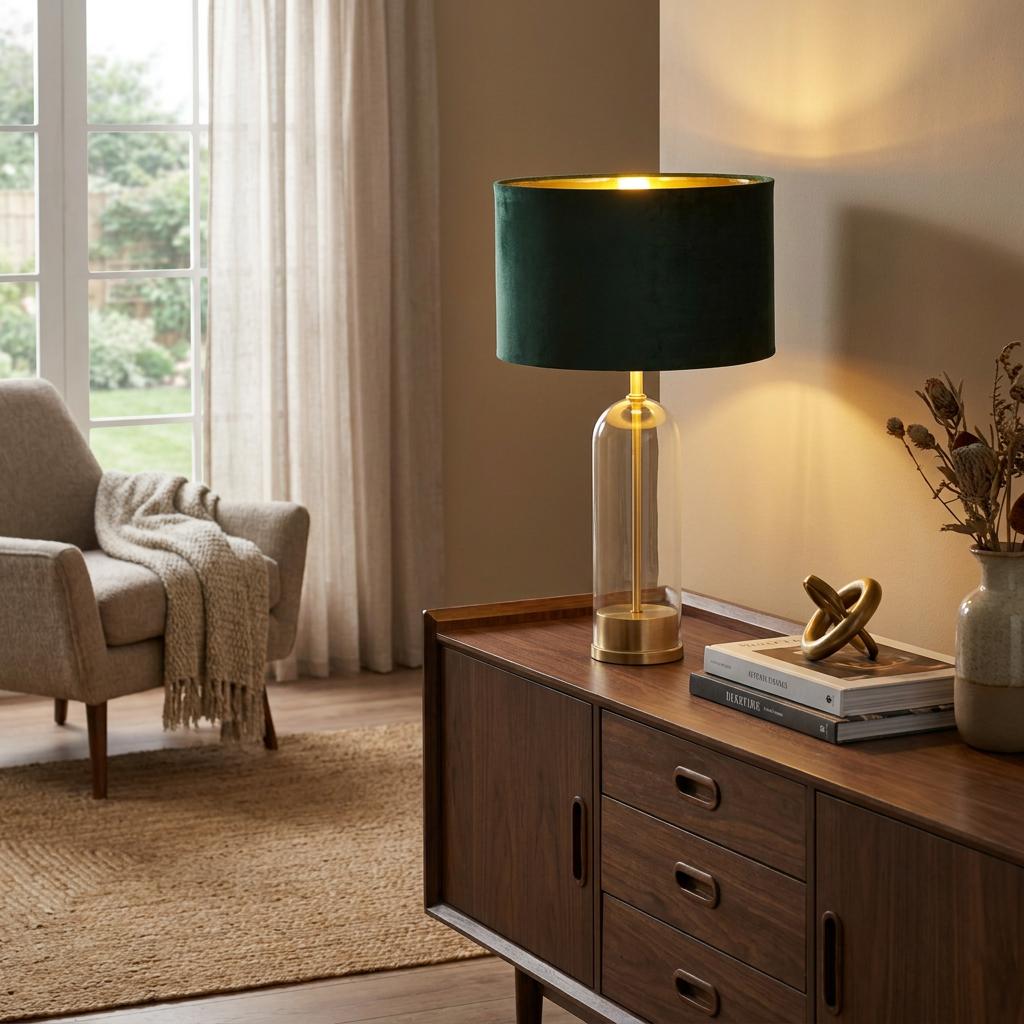 Oxford Table Lamp with a green velvet shade and glass base on a wooden sideboard in a cozy living room.