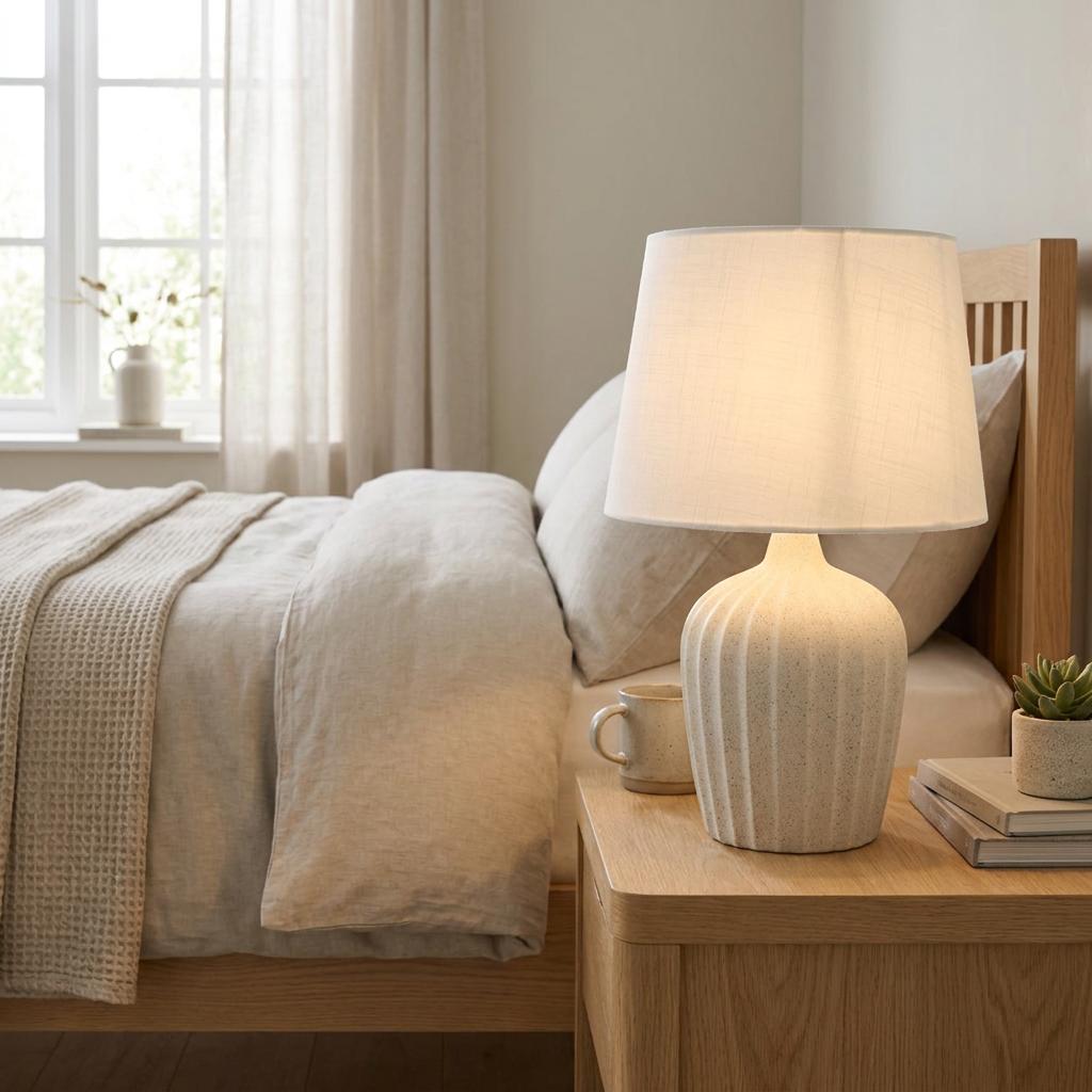 Lit Padstow terrazzo table lamp with a white fabric shade on a wooden bedside table in a neutral bedroom.