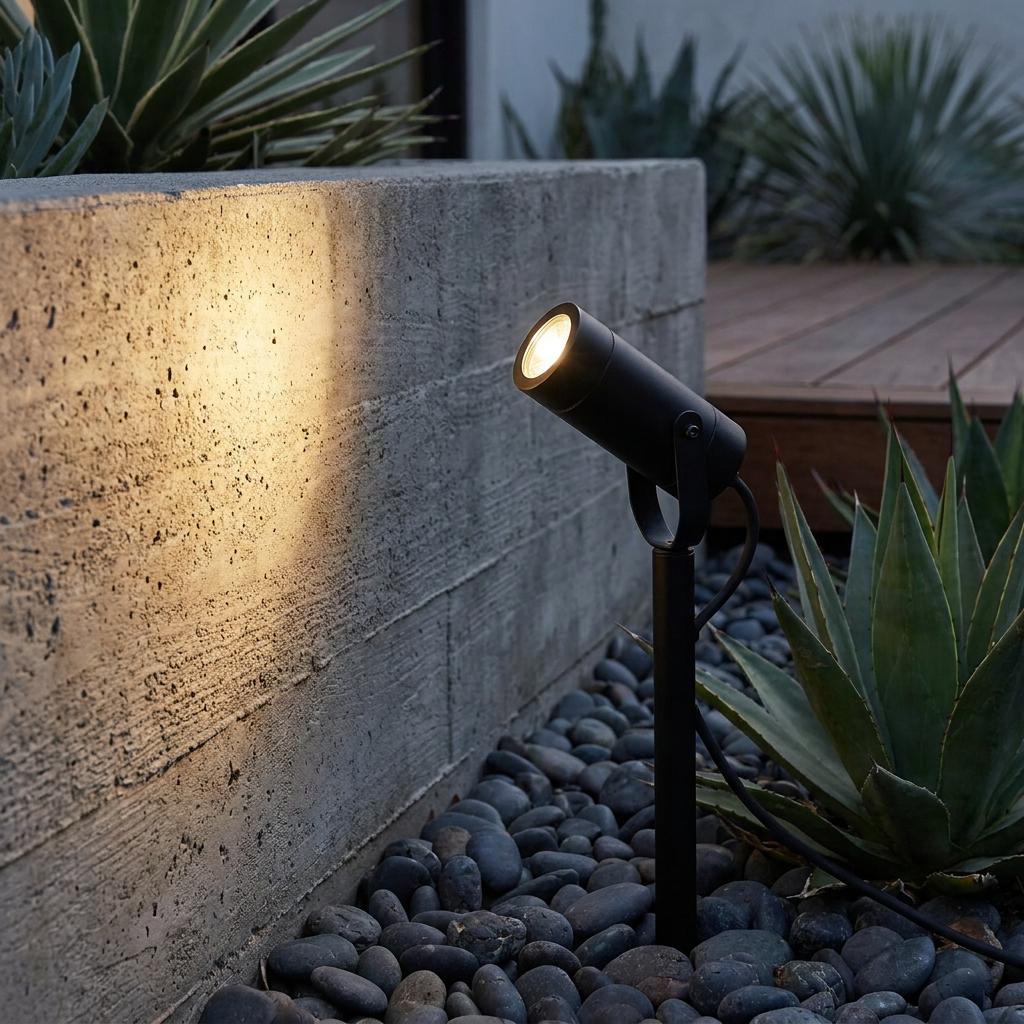 Black garden spike light illuminating a concrete wall in a pebble-filled planter with green succulent plants.