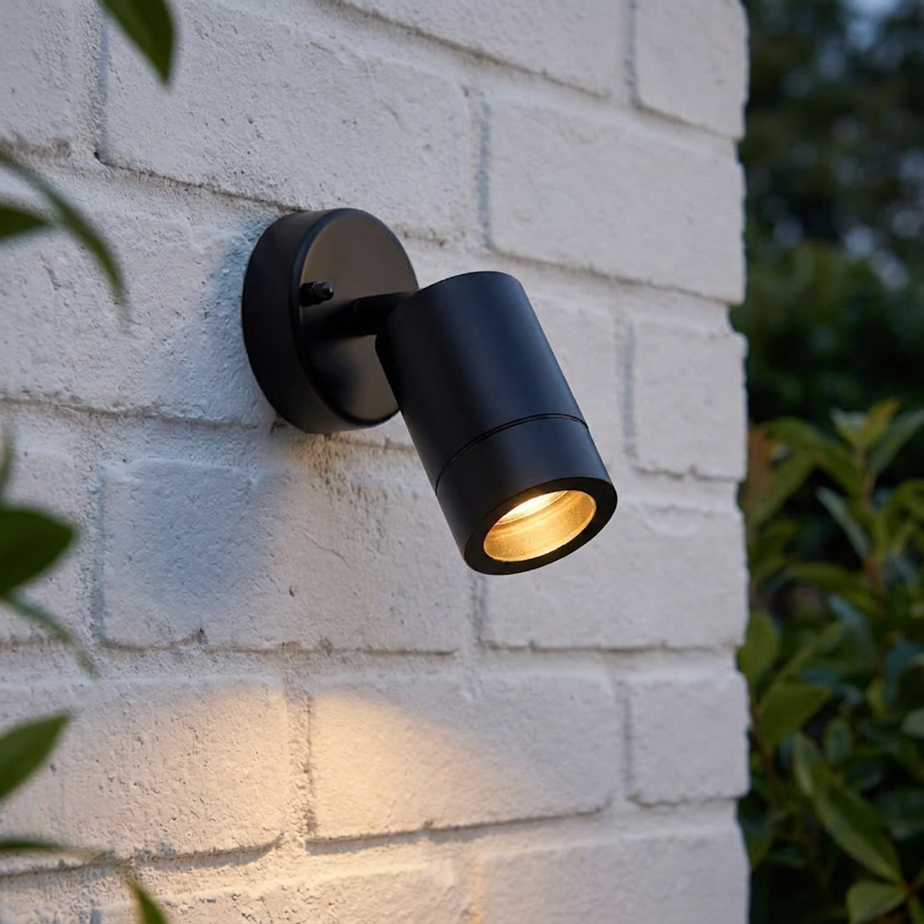 A black LED outdoor spotlight wall light illuminates a white brick wall at dusk.
