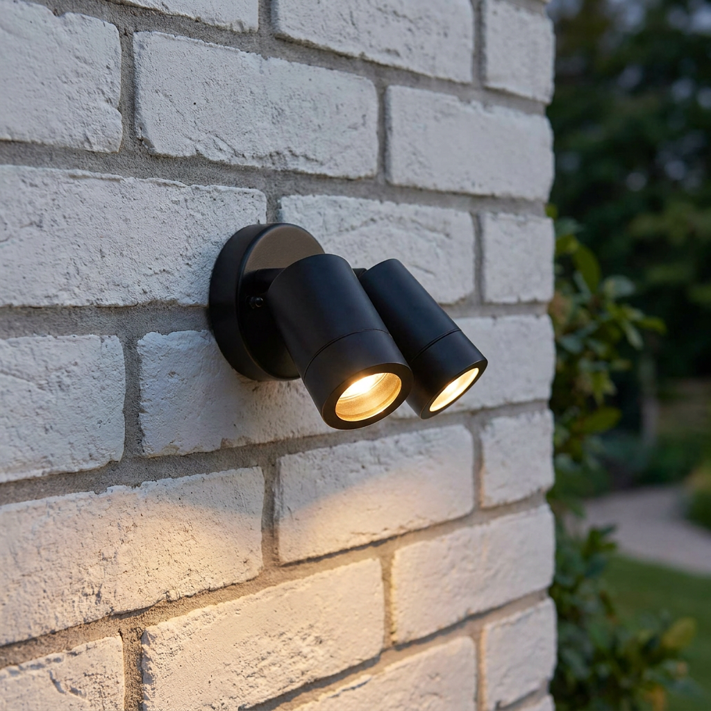 Palin black twin outdoor spot wall light emitting a warm glow onto a light gray brick wall.