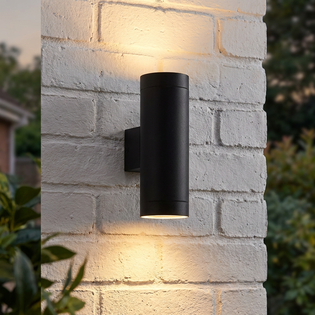 Modern black cylindrical up-and-down outdoor wall light mounted on a white brick wall, emitting a warm glow.
