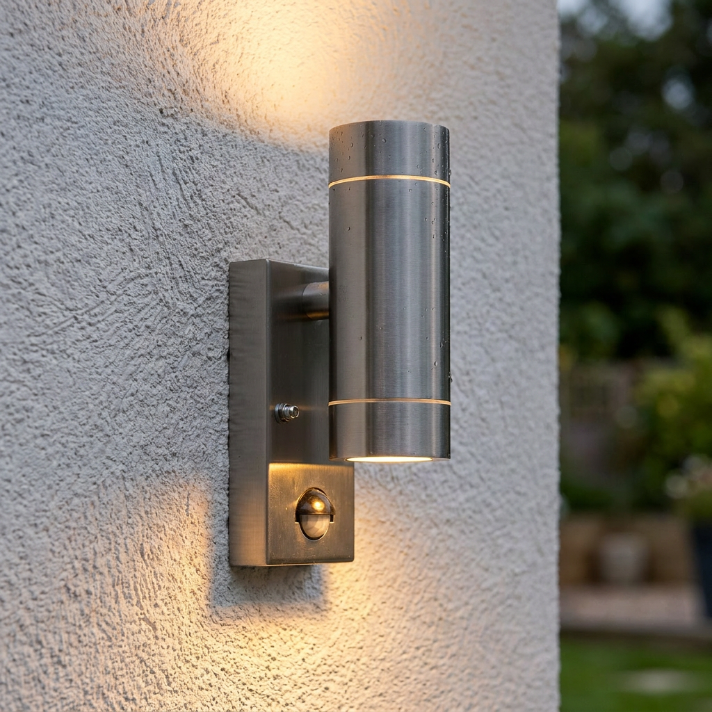 Stainless steel cylindrical outdoor wall light with PIR sensor illuminating a textured wall with up and down light.