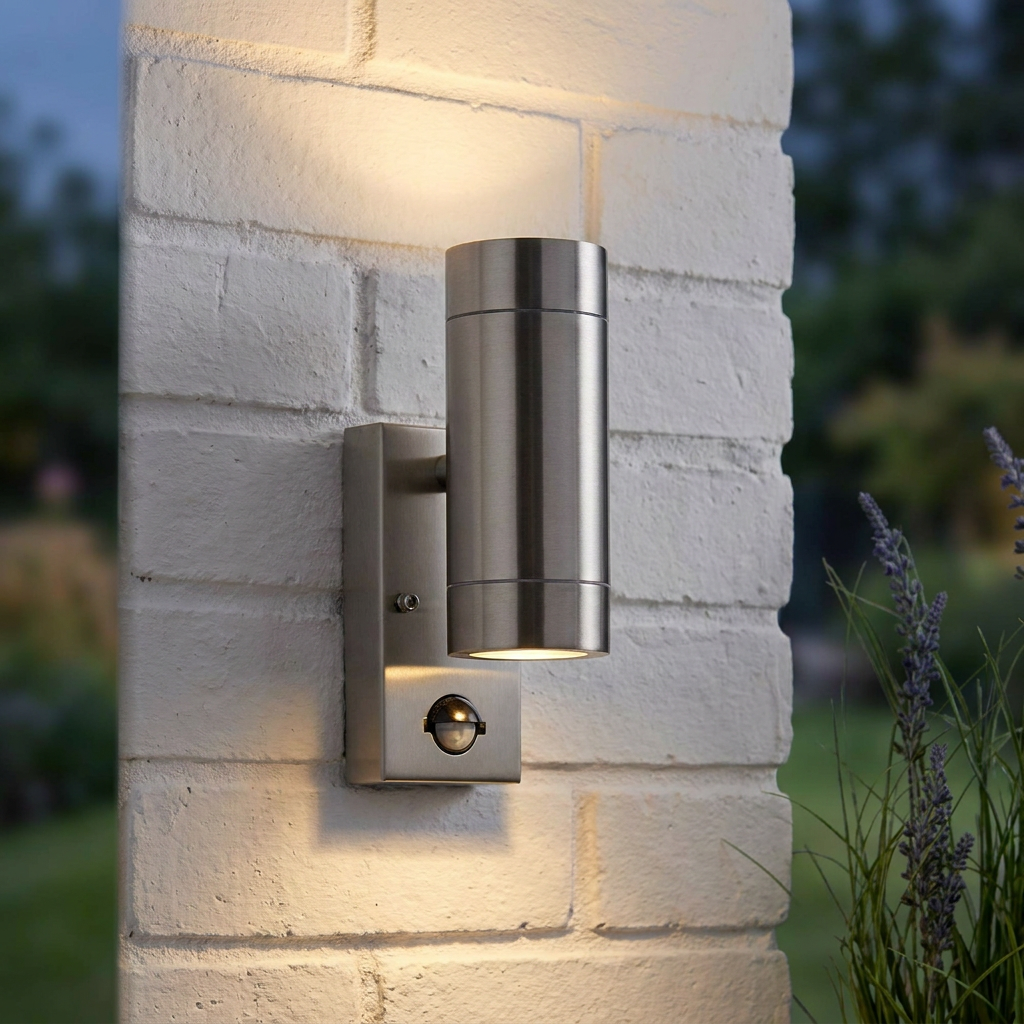 Stainless steel up and down outdoor wall light with a PIR sensor mounted on a white brick wall at dusk.