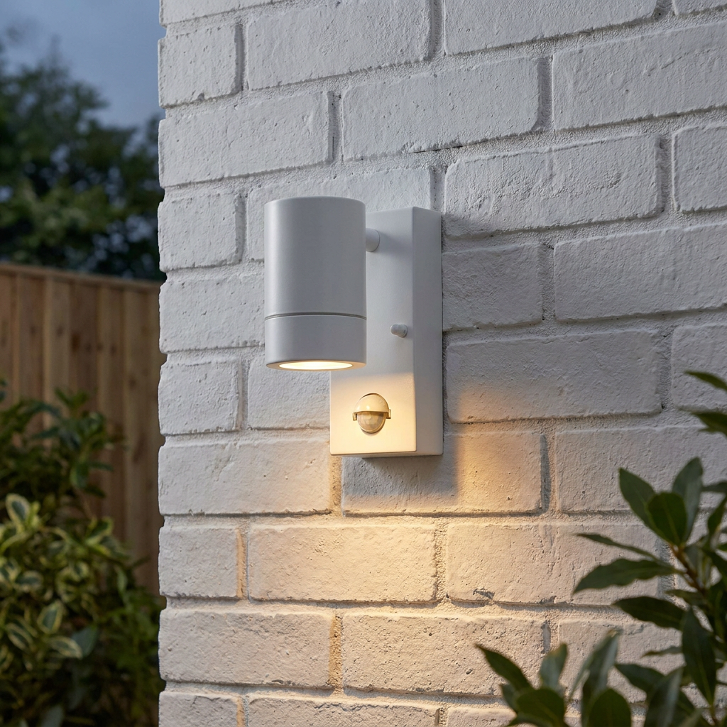 White outdoor downlight with PIR sensor mounted on a white brick wall, casting a warm glow downwards.