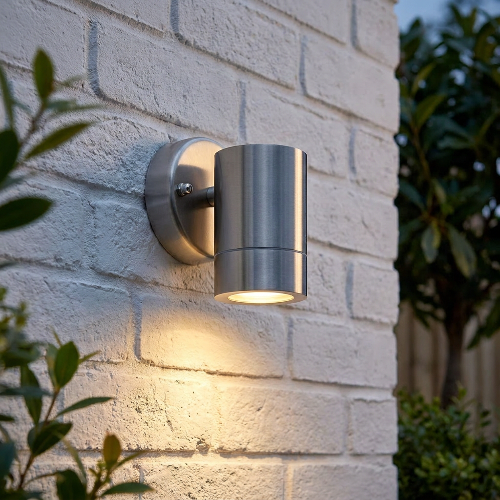 Silver cylindrical outdoor downlight mounted on a white brick wall, casting a warm glow.