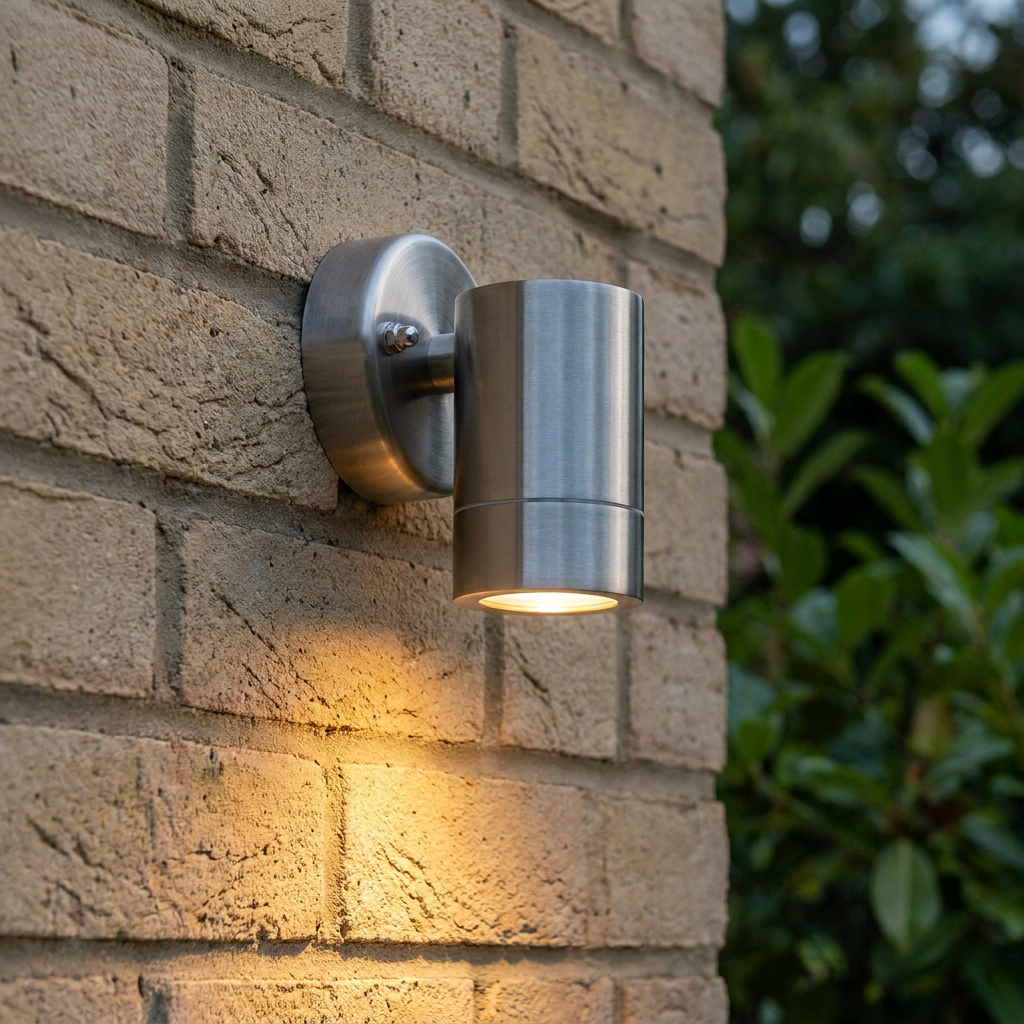 Silver marine-grade cylindrical downlight mounted on a brick wall, casting a warm glow.