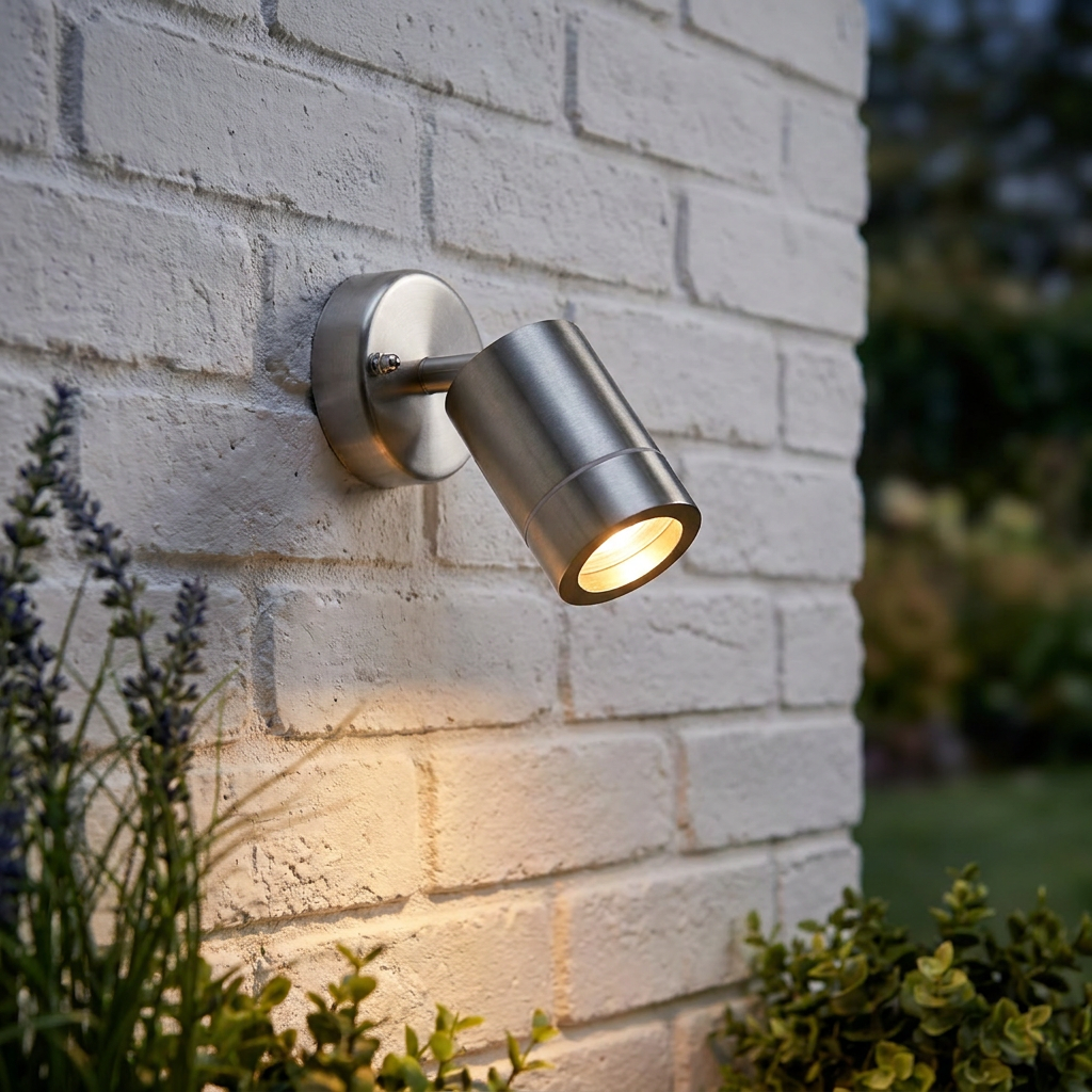 Brushed steel outdoor spotlight on a white brick wall, casting a warm glow over garden plants.