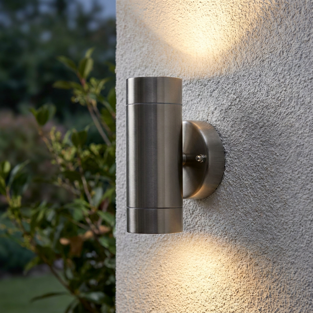 Brushed steel cylindrical up-and-down outdoor wall light mounted on a textured white wall, emitting warm light.