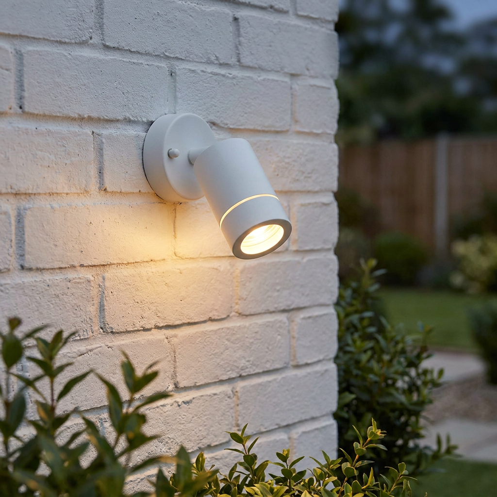 White LED outdoor spotlight mounted on a white brick wall, casting a warm glow in a garden setting.