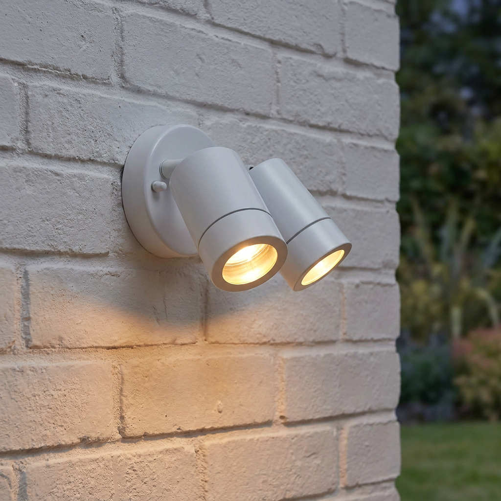 White twin outdoor spotlight mounted on a light brick wall, casting a warm glow downwards in a garden setting.
