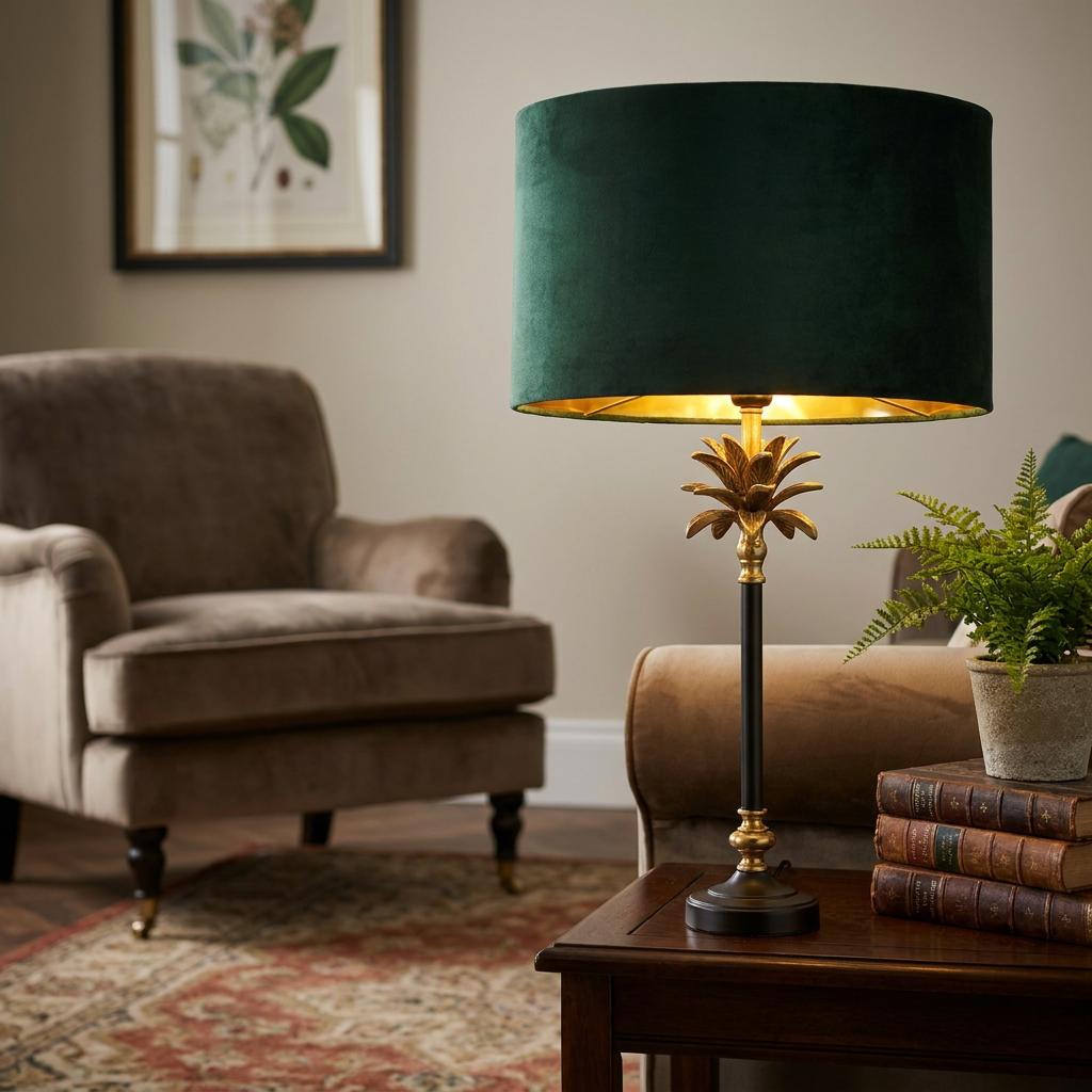 Antique brass palm table lamp with a green velvet shade on a wooden table in a cozy living room setting.