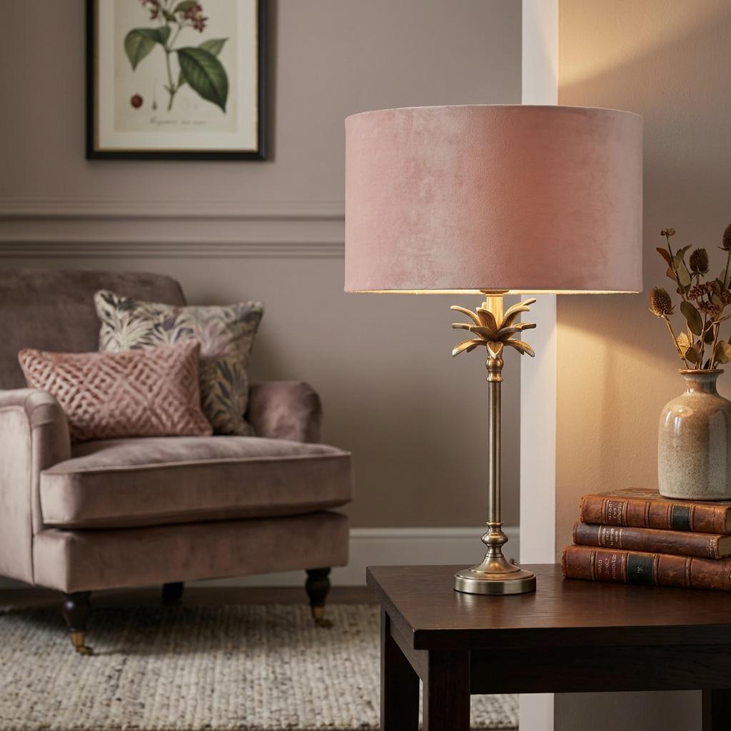 Antique nickel palm-themed table lamp with a pink velvet shade on a wooden table in an elegant living room.
