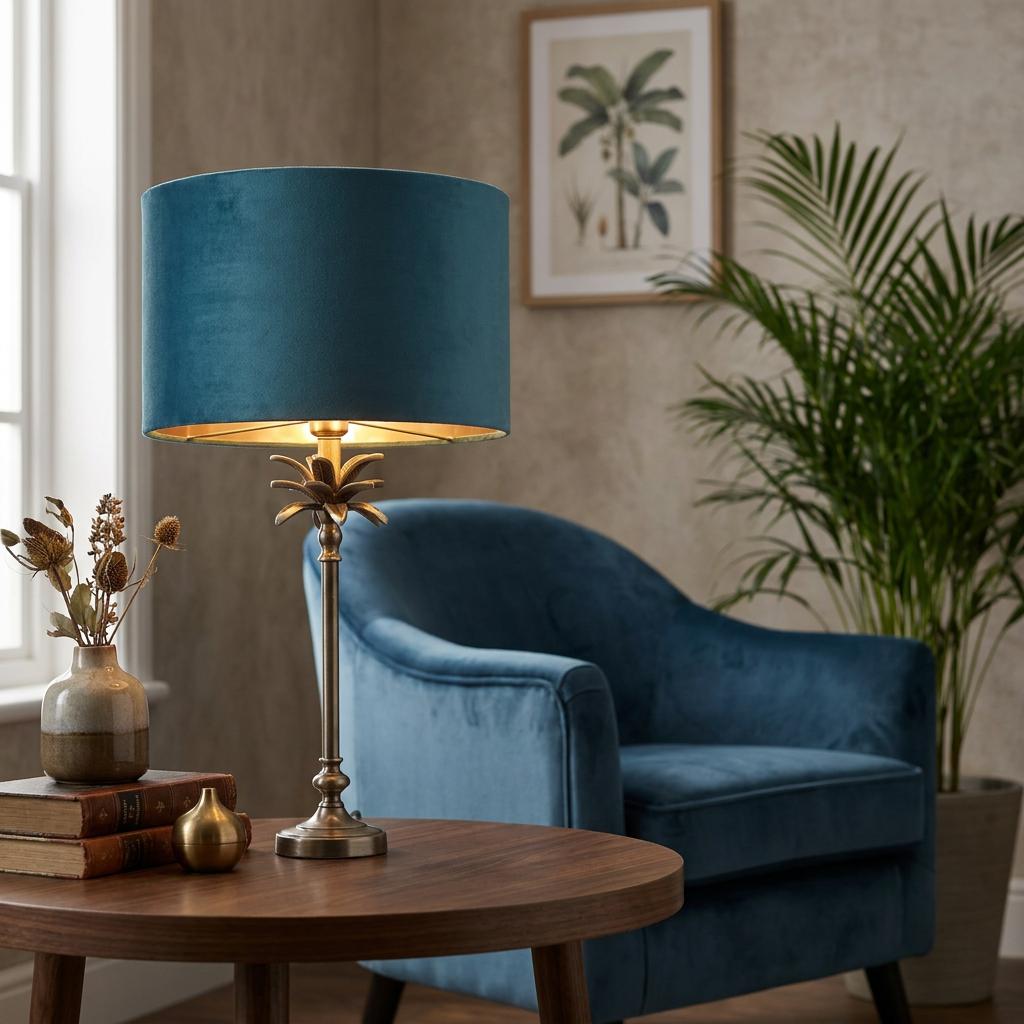 Antique nickel palm table lamp with a teal velvet shade on a wooden side table next to a blue velvet armchair.