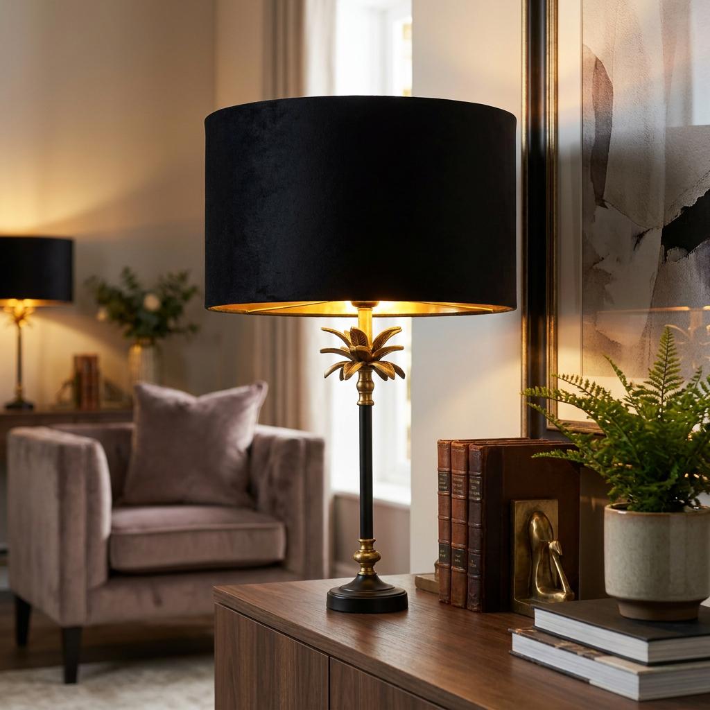 Elegant table lamp featuring a black shade and antique brass palm tree base on a wooden table in a cozy living room.