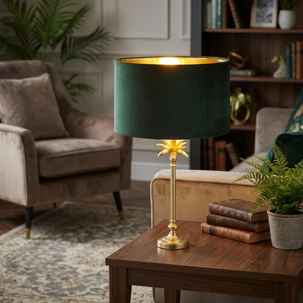Satin brass palm table lamp with a green velvet shade on a wooden side table in a cozy living room.
