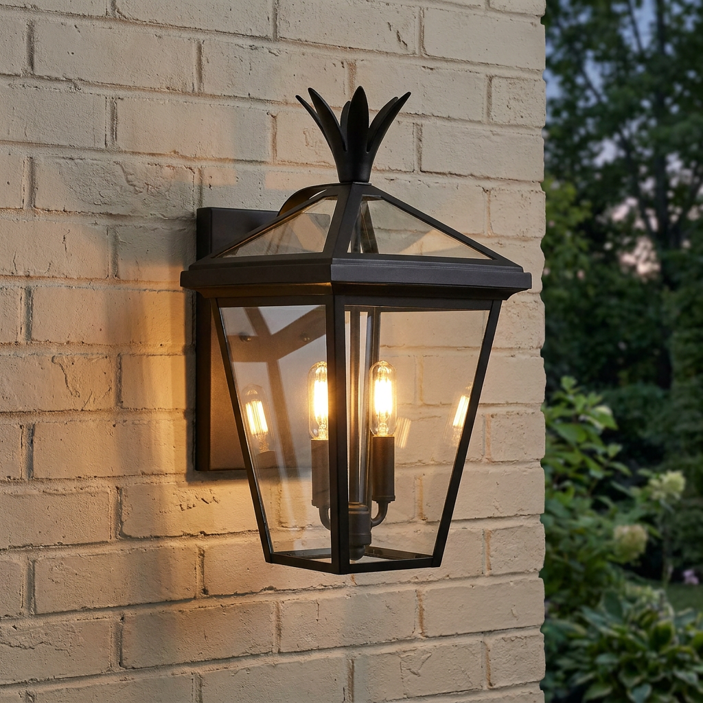 Black Palma wall lantern with a crown finial and two glowing bulbs mounted on a light brick exterior wall.