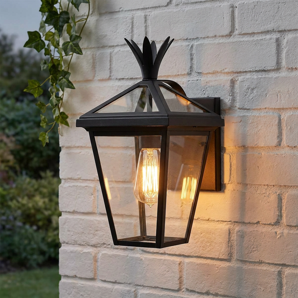 Black outdoor wall lantern with a pineapple finial and warm Edison bulb mounted on a white brick exterior.