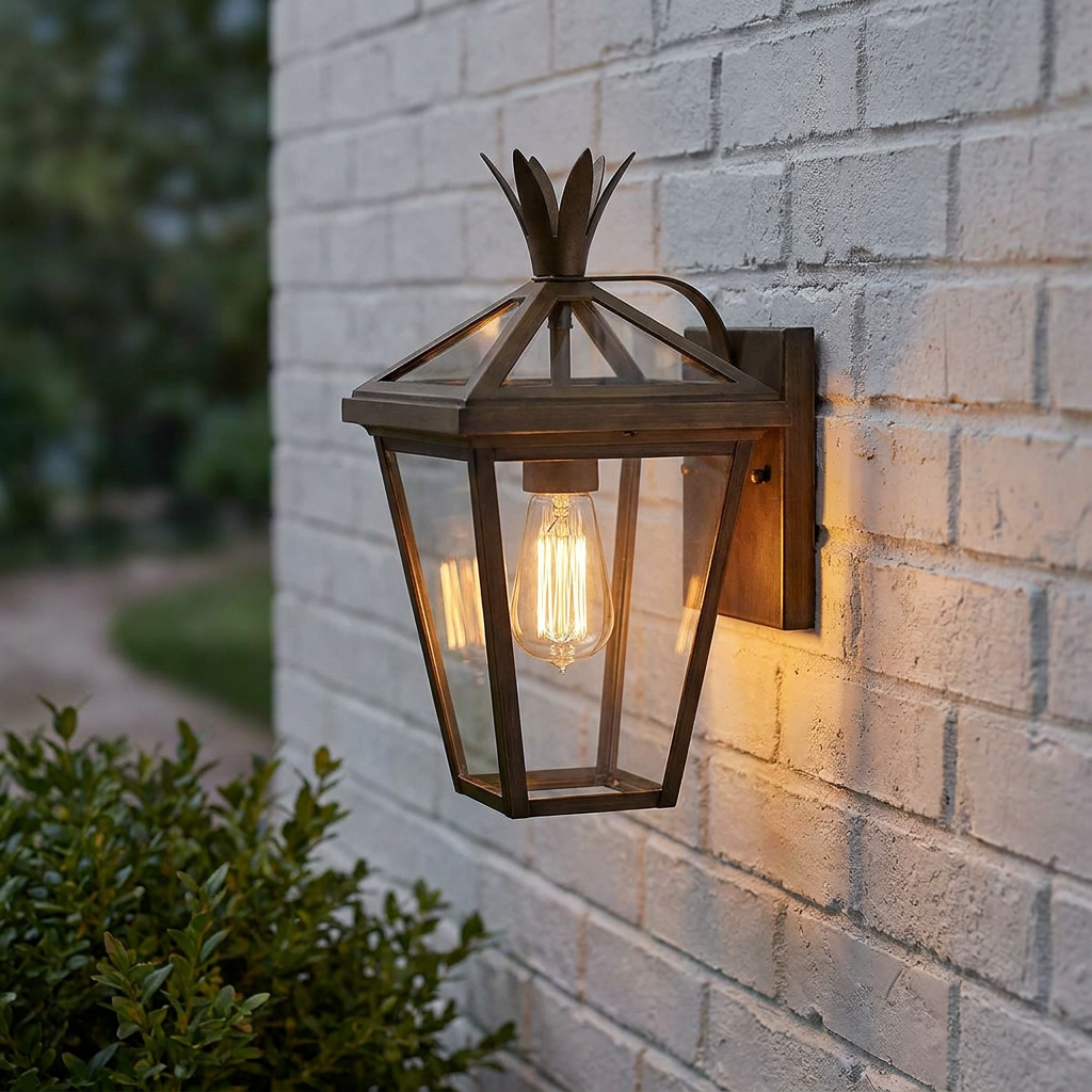 Palma bronze outdoor lantern with a glowing Edison bulb mounted on a white brick wall.