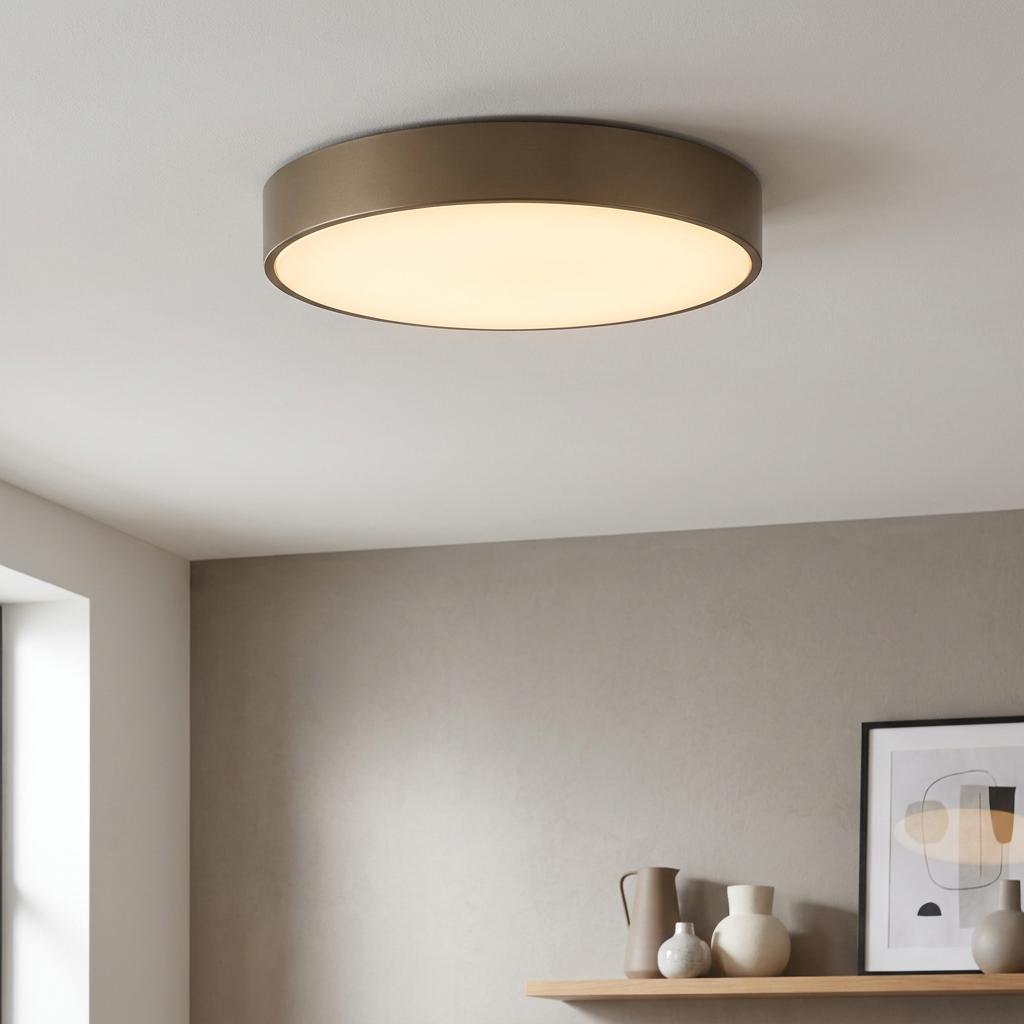 Circular Palma LED flush mount ceiling light with a bronze frame and opal diffuser in a contemporary interior.