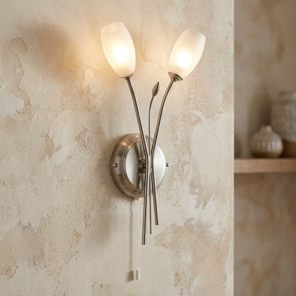Pandora antique chrome two-light wall sconce with frosted tulip glass shades on a textured beige wall.