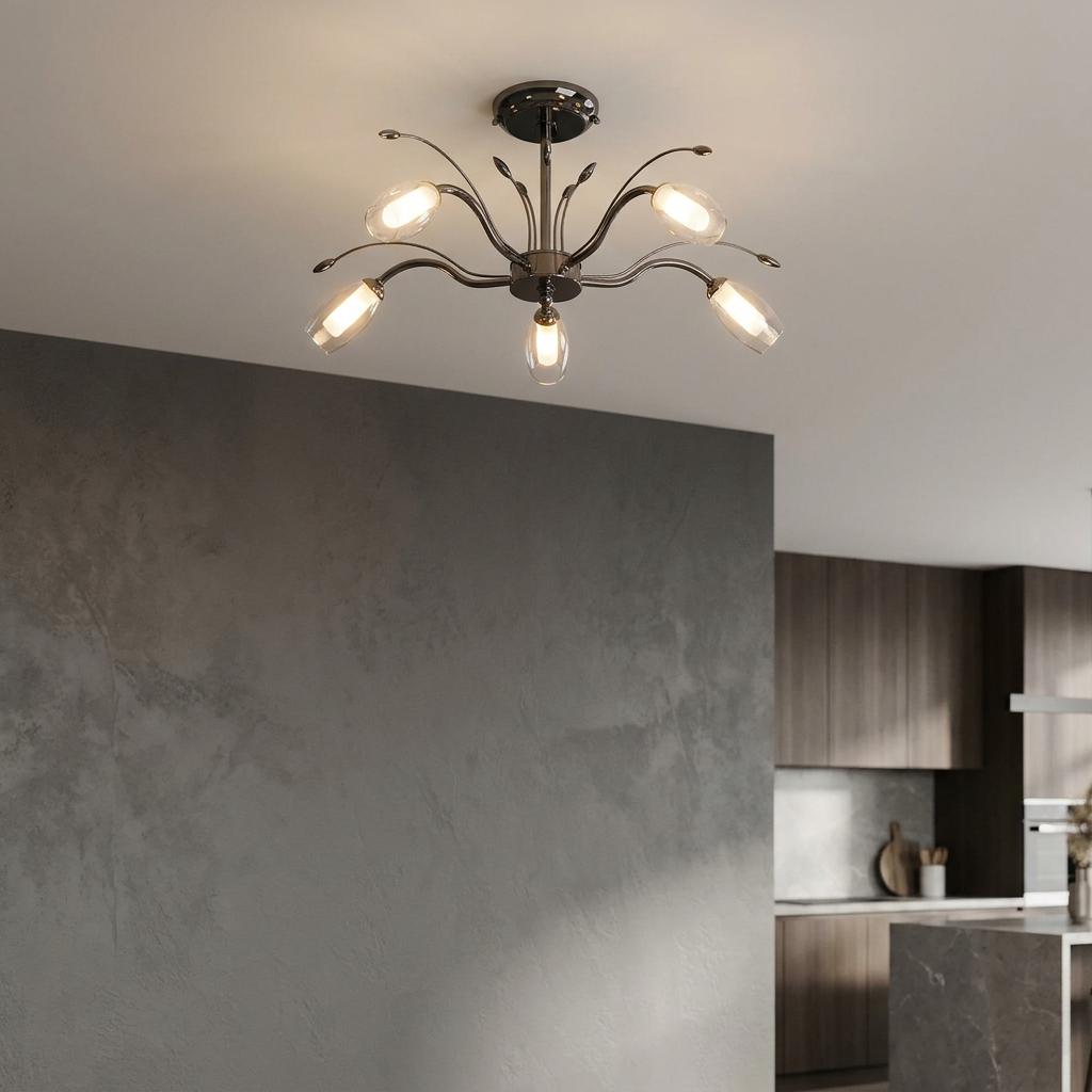 Pandora 5 light mirror black semi flush ceiling light with clear glass shades in a room with a grey textured wall.