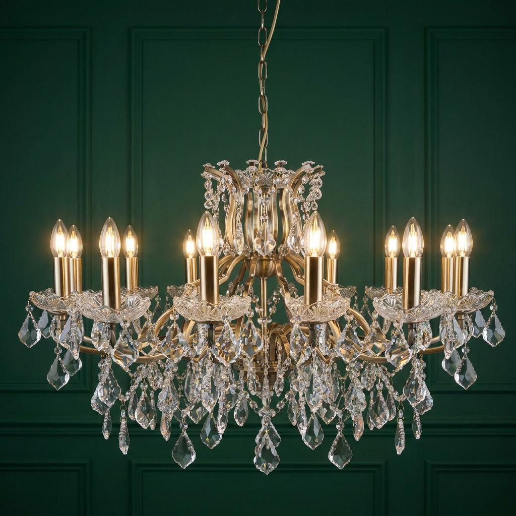 A 12-light brass French style chandelier with crystal drops hanging against a dark green paneled wall.