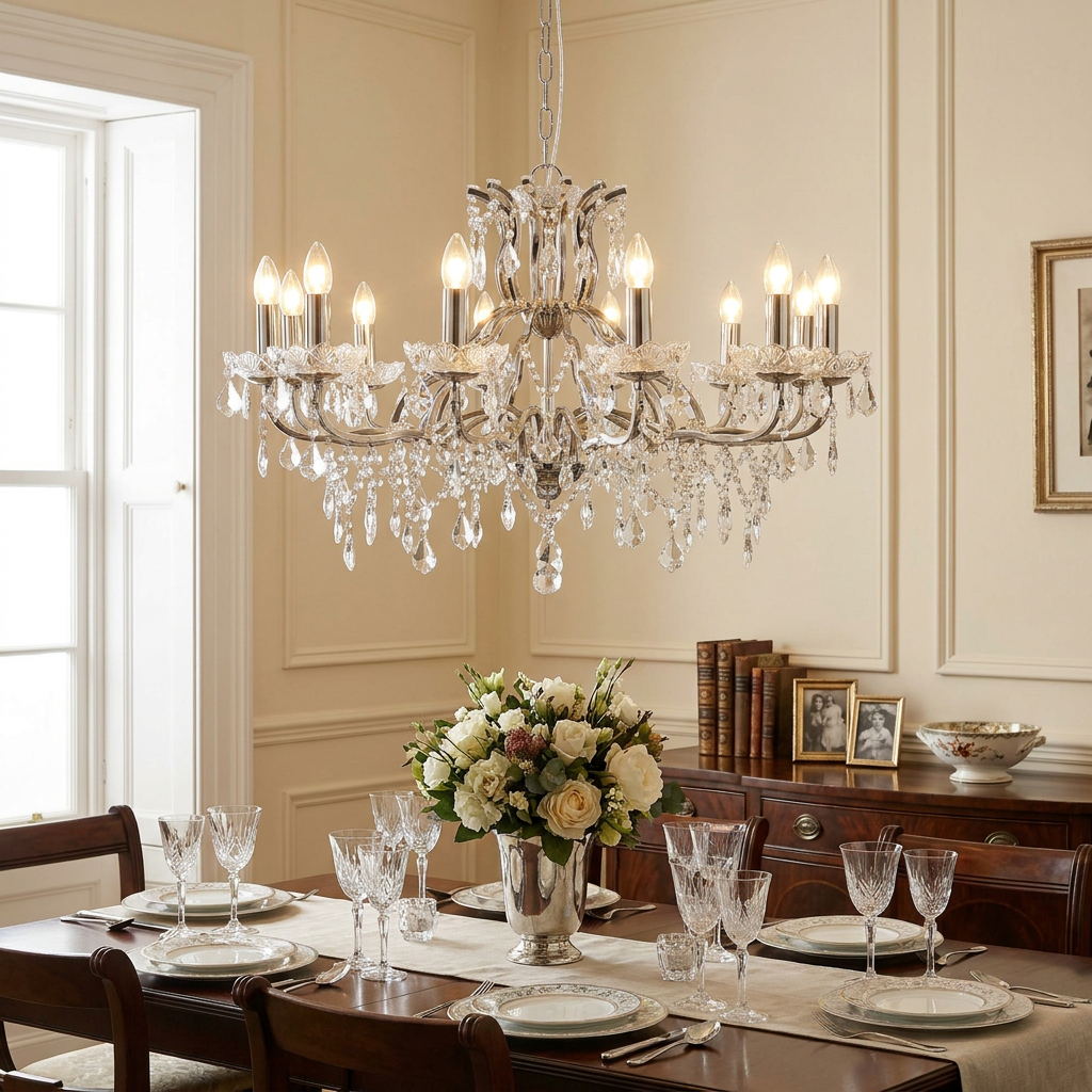 Silver 12-light crystal chandelier hanging over a formally set wooden dining table in an elegant room.